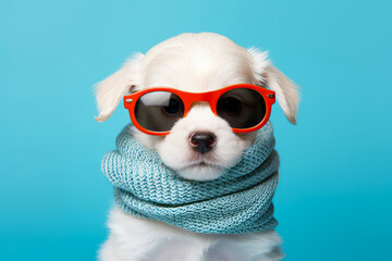 Canvas Print - Small white dog wearing red sunglasses and scarf on blue background.