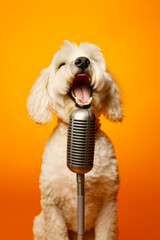 Poster - White dog with its mouth open and microphone in front of it.