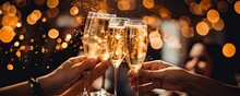 Festive New Year's Toast With Wishes Of Happiness, People Clinking Glasses Of Tasty Champagne At Party. Christmas Celebrating Or New Year Party. Close Up. Generative AI.