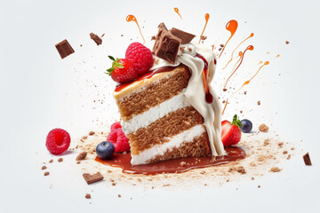 Wall Mural - Piece of chocolate cake with berries and chocolate splash on a background