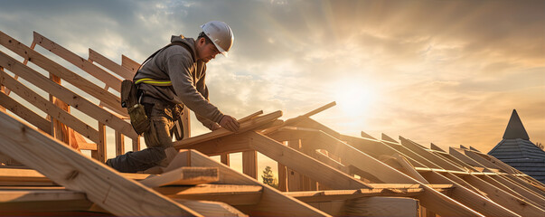 Roof worker or carpenter building a wood structure house construction.