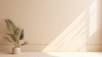 Wall Mural - a plant sitting on top of a white floor next to a wall, a 3D render, warm sunlight shining in, beige color scheme, product photo