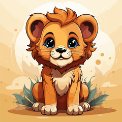 Sticker - Cartoon lion sitting on the ground with sad look on his face.