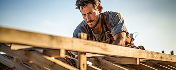 Roof worker or carpenter building a wood structure house construction.