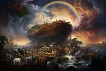Noah's Ark, Showcasing The Animals And The Rainbow As A Symbol Of God's Covenant After The Great Flood Generative AI