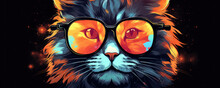 Funny Vivid Colored Cat Face In Sun Glasses, Cartoon Picture.
