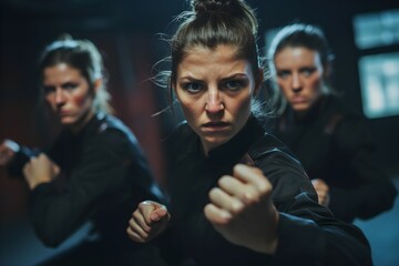 Wall Mural - Empowerment in Practice: A group of women enthusiastically learning Krav Maga in a studio, highlighting the empowerment aspect of martial arts
