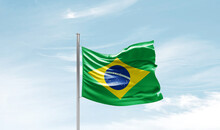 Brazil National Flag Waving In Sky.