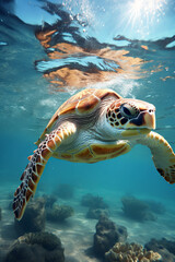 Wall Mural - A turtle flossing in the sea