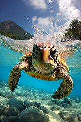 Wall Mural - A turtle flossing in the sea