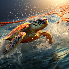 Wall Mural - A turtle flossing in the sea