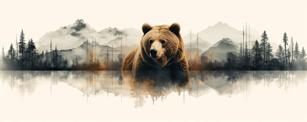 wild brown bear design for t shirt printing. on white background. wide banner