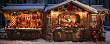Winter Christmas Market Stalls Decortative. Wide Banner