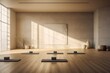 Minimalist modern yoga studio classroom showcasing tidy neatly arranged mats on the pristine floor as sunlight streams through the windows