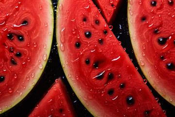 Close up inside of watermelon, red surface with black seeds