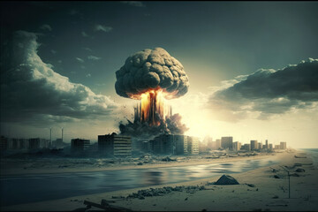 Huge nuclear bomb explosion, destroys buildings with an explosive wave, end of the world, doomsday in a post apocalyptic world. Generative AI