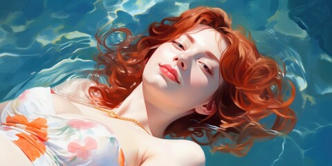 Wall Mural - illustration of cute woman is laying down on swimming pool, generative AI