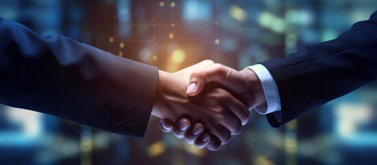 Wall Mural - successful business agreement contract dealing businessman handshake close up hand palm with blur city building and office working space background,ai generate