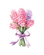 Bouquet Of Pink Hyacinths Tied With Pink Ribbon Isolated On White Background In Watercolor Style.