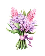 Wall Mural - Bouquet of pink and purple hyacinths tied with pink ribbon isolated on white background in watercolor style.