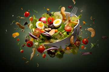 Wall Mural - Splash of vegetable salad with flying ingredients on black background. Mixed media. created with generative AI	