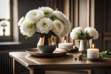 Bouquet of white flowers in a vase, candles on vintage copper tray, wedding home decor on a table