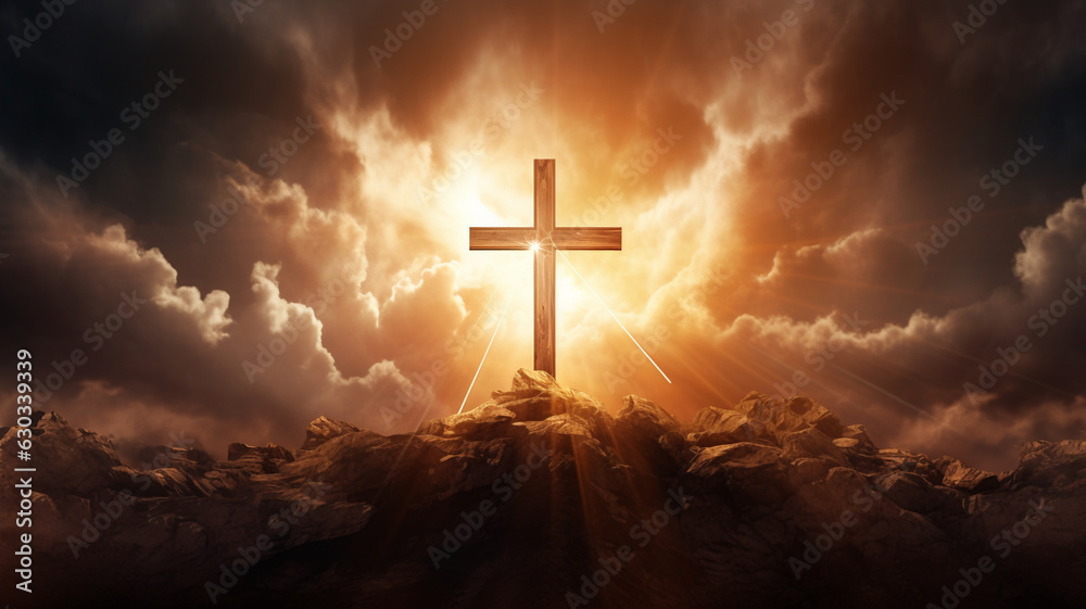 Wooden cross of Jesus Christ faith religion standing on a hill during ...