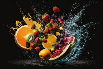  Fresh fruits with water splash isolated on black background. generative ai