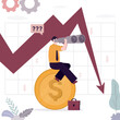 © Alina - Businessman sitting on dollar coin and analisis financial quotes falling. Crisis, recession leads to loss of money. Investor uses binoculars for predicts rise or fall of stock market.