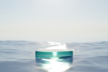 Wall Mural - Abstract 3d render natural background, Ice podium on the wave sea surface and sunlight reflects on the podium for product display, advertising, mockup, cosmetic or etc