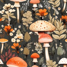 Watercolor Seamless Pattern With Fall Mushrooms, Leaves And Flowers, Cute Autumn Forest Watercolor Illustration With A Dark Gray Background, Unique Fall Harvest Graphic Design