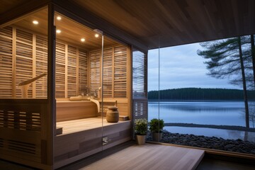 Front view of empty Finnish sauna room. Modern interior of wooden spa cabin with dry steam.