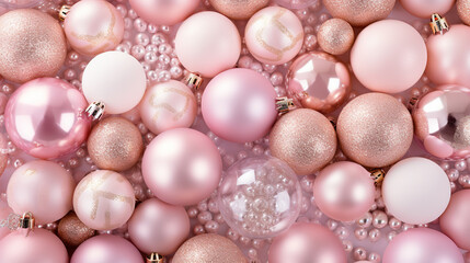 **Beautiful Christmas Baubels. Pastel Pink and Gold Seasonal Background.