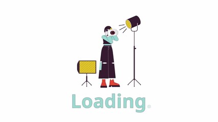Poster - Photographer freelance line 2D loading animation. Asian freelancer animated cartoon linear character 4K video loading motion graphic. Professional photographer in studio download process gif