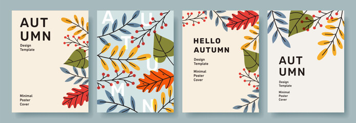 set of trendy minimal autumn posters with bright beautiful leaves and modern typography. fall backgr