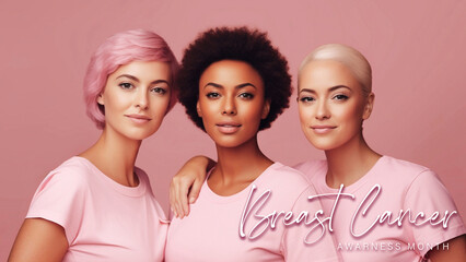 Wall Mural - Breast Cancer Awareness Month Poster Design with Three Woman Wearing Pink  T-Shirt in Pink Isolated background