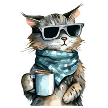 Cool Cat Holding A Coffee Mug Watercolor Illustration