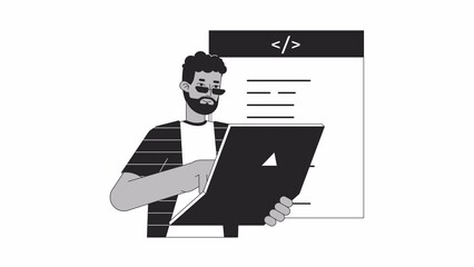 It developer coding on laptop bw outline 2D animation. Software engineering remote employee 4K video motion graphic. Coder programmer monochrome linear animated cartoon flat concept, white background