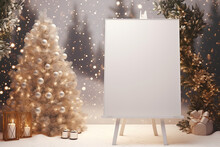 A  White Blank Easel With Snowy Winter Garden, Easel Mock Up