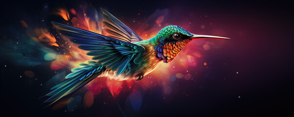 Wall Mural - Hummingbird fly on black background. Colibri bird in vivid colors