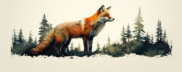 Wild red fox on wite background in wild nature. Fox design or graphic for t-shirt printing.