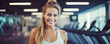© Michal - Attractive woman smiling in gym background. wide banner