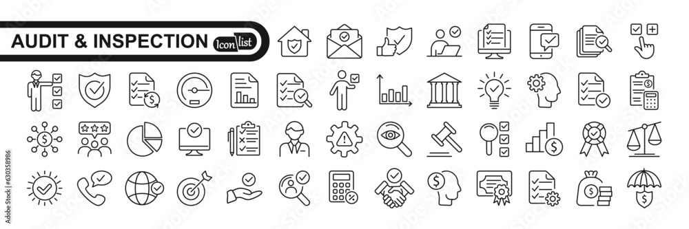 Audit and inspection outline stroke icons set. Examination, testing ...