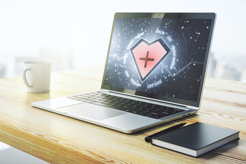 Poster - Creative abstract heart pulse hologram on modern computer monitor, online medical consulting concept. 3D Rendering