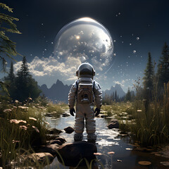 Wall Mural - spaceman or astronaut sitting among flowers.