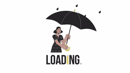 Poster - Black woman holding umbrella in rain line 2D loading animation. Autumn rain girl african animated cartoon linear character 4K video loading motion graphic. Rainy day forecast download process gif