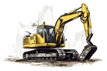A Yellow Excavator With A Black Bucket On A White Background. A Sketchy Illustration Of A Digging Machine Or A Draft For A Painting