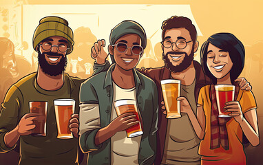 Sticker - A group of people holding beer glasses in a pub on an orange and yellow background. An illustration of a social gathering or a celebration of friendship and fun