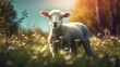 Cute lamb grazing on a green meadow. Created with Generative AI.