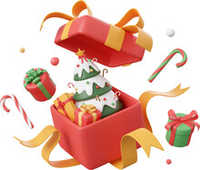Opened Gift Box With Christmas Tree And Decorations, Christmas Theme Elements 3d Illustration